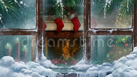 圣诞壁炉透过窗户四公里的积雪视频的预览图