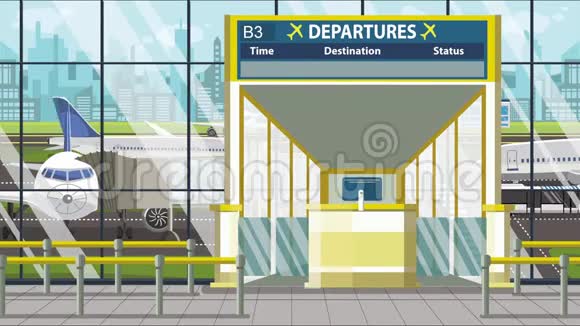 机场大门离开板与坦帕文本前往美国有关可循环卡通动画视频的预览图