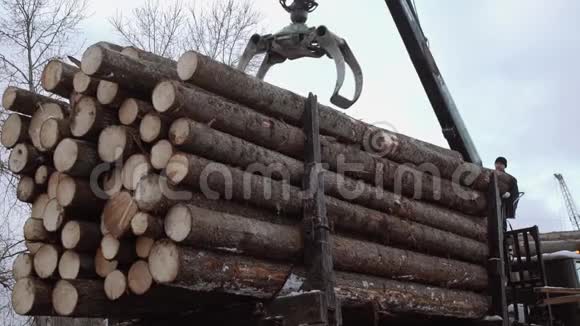 起重机爪式装载机在锯木厂生产时从重型卡车上卸下木材视频的预览图
