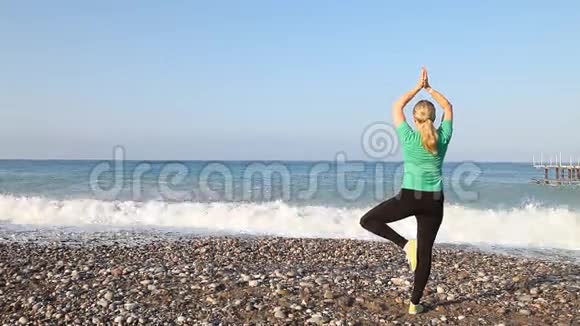 日落时练习瑜伽的年轻女子视频的预览图