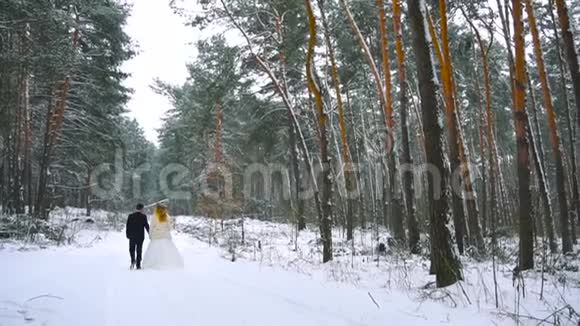 年轻夫妇在冬林散步手牵手慢动作拥抱视频的预览图