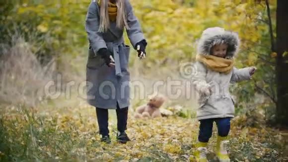 小女孩小女儿笑着在秋天的公园里和妈妈玩追赶慢动作视频的预览图