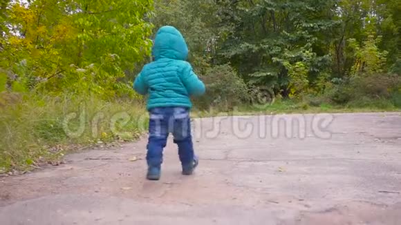 一只耳朵的老男孩跑在秋天的公园里微笑万向节视频的预览图