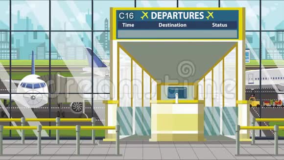 机场大门离开董事会与蒙得维的亚文本前往乌拉圭有关的可循环卡通动画视频的预览图