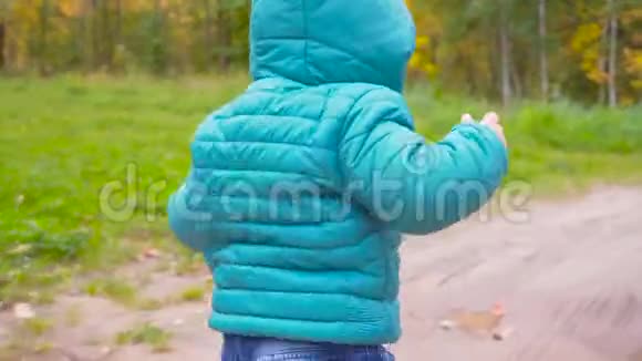 一只耳朵的老男孩跑在秋天的公园里微笑万向节视频的预览图