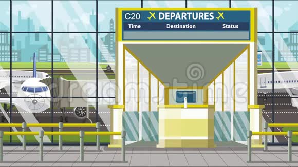 机场候机楼离港板上方有里加文字前往拉脱维亚循环卡通动画视频的预览图