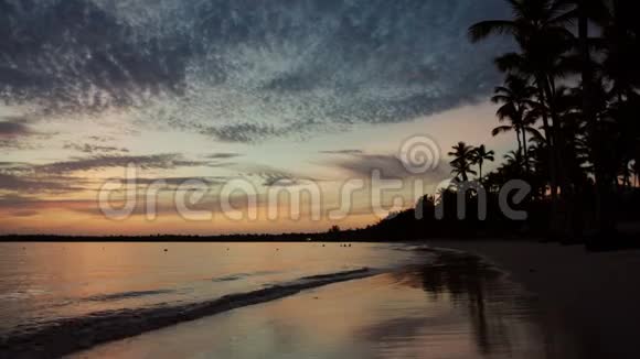 热带岛屿海滩和棕榈树的日出视频的预览图