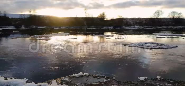 春天的景观与移动的浮冰视频的预览图