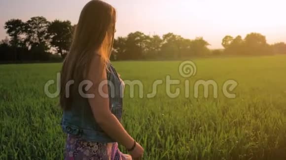 直发的年轻女孩正沿着一片绿色的田野走着夕阳西下中弹慢动作视频的预览图