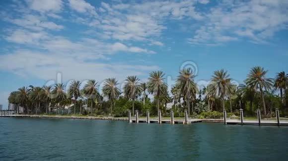 美丽的海滨碧蓝的海湾和多云的天空的背景上有美丽的棕榈树阳光明媚的岛屿海滩视频的预览图