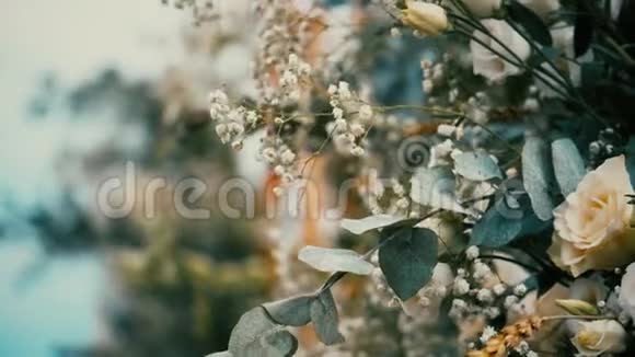 白色的花和柔软的绿叶装饰着木板视频的预览图