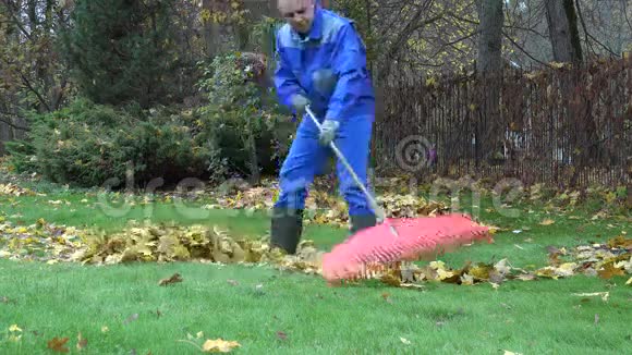 清洁工在花园里整理树叶4K视频的预览图