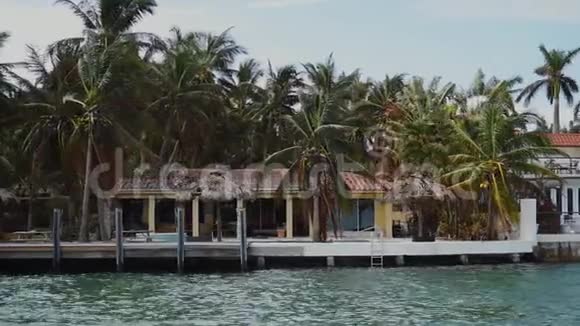 美丽舒适的房子在美丽的棕榈树之间的海湾阳光明媚的艾尔斯海滩迈阿密视频的预览图