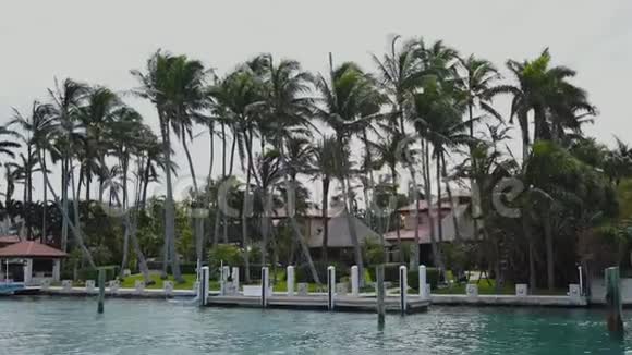 迷人的豪宅坐落在美丽的棕榈树之间在迈阿密阳光明媚的艾尔斯海滩有私人码头供船只停泊视频的预览图