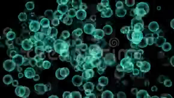 抽象的绿色气泡或圆形在黑色背景上产生创意三维动画背景泡沫背景视频的预览图