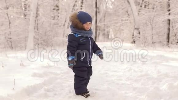 小男孩在冬季公园跳舞视频的预览图