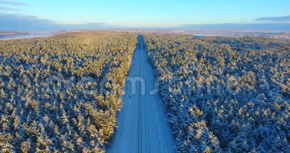 森林中冬季列车从高空拍摄视频的预览图