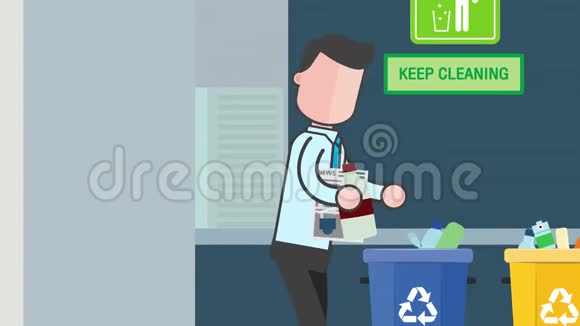 商人回收与正确的垃圾箱在办公室打扫垃圾的人卡通人用正确的图标把废物扔到垃圾箱里视频的预览图
