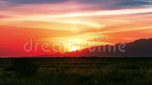草原与干燥植物在日落的天空阿尔丁埃梅尔国家公园哈萨克斯坦中亚4K时间过去九月视频的预览图