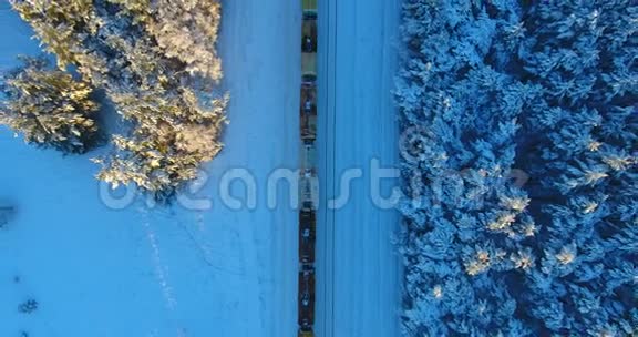 森林中冬季列车的高空拍摄视频的预览图