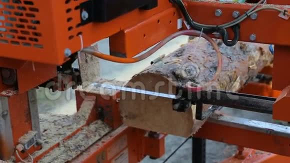 锯木机把一棵圆木锯成木梁视频的预览图