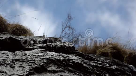 细流的水流在草地和浮云的背景下沿着悬崖奔流格维格鲁吉亚视频的预览图