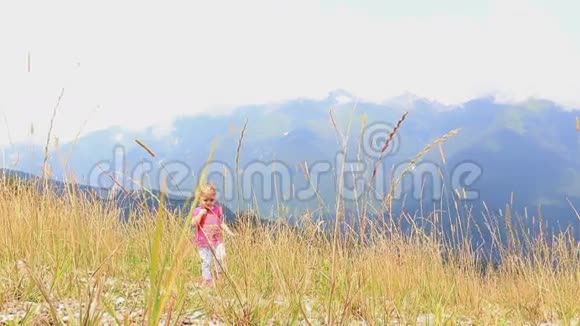 在炎热的夏日里小孩子在山上穿过高高的草地全高清1920x1080视频的预览图