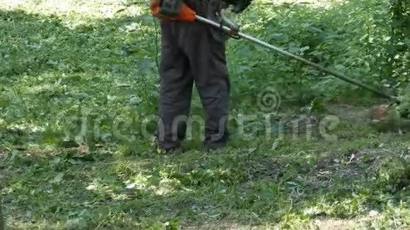 用便携式割草机在公园割草视频的预览图