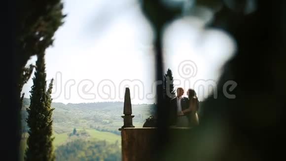 在阳台上亲吻一对闪亮的情侣背后有着巨大的景观视频的预览图