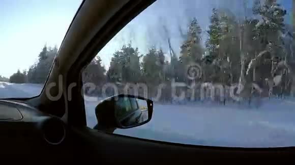 在冬天的路上开车森林雪和太阳视频的预览图