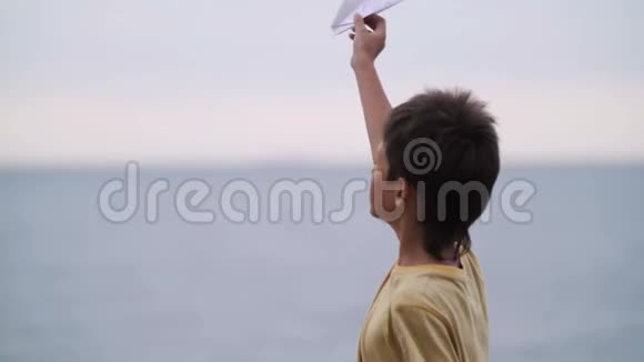 热情的男孩晚上在海边玩纸飞机视频的预览图
