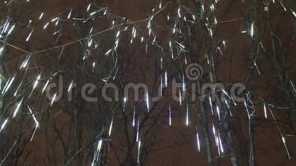 圣诞节夜间树木的发光照明以下降的形式特写镜头新年主题视频的预览图