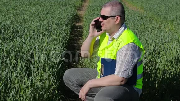 农民有智能手机和文件夹在绿色谷物领域视频的预览图