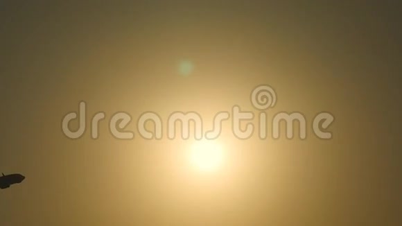 客机在日落时分飞越太阳的剪影日出背景下飞机起飞飞机过境视频的预览图