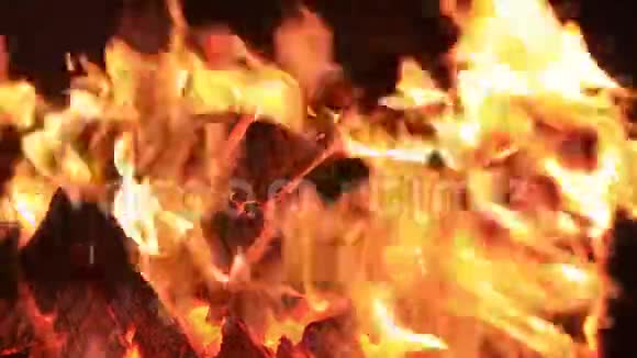 夜晚蟋蟀和火噼啪作响的声音篝火的特写镜头为盖伊福克斯烧掉一张长凳视频的预览图