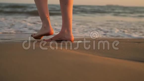 雌性的脚赤脚在海边行走视频的预览图