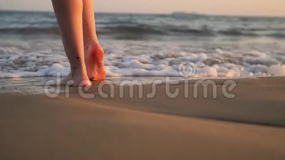 雌性的脚赤脚在海边行走视频的预览图