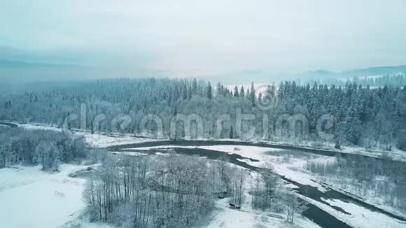 冬季鸟瞰一片雪林和一条小河波兰的塔特拉山视频的预览图