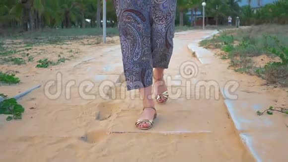 年轻女孩的腿沿着混凝土路穿过一个热带公园近距离射击动作缓慢视频的预览图