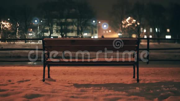 冬季夜晚在海滨灯光下的长椅视频的预览图