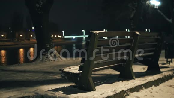 冬季夜晚在海滨灯光下的长椅视频的预览图