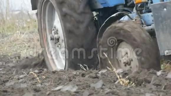 深秋一辆蓝色拖拉机犁出黑色的土壤冬季地面准备视频的预览图