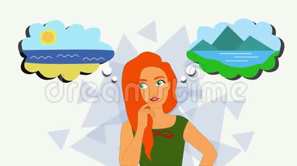 2D动画体贴的高加索红发女人站着两边都是思考云决定度假的女孩视频的预览图