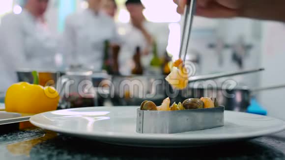 厨师在餐馆里装饰盘子视频的预览图