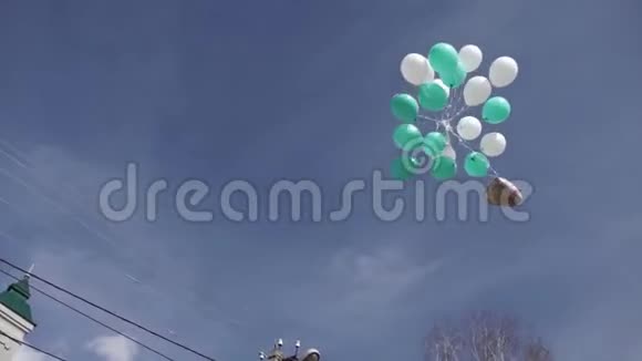 蓝色生日派对气球飞舞天空中蓝气球的植物粉红色和黄色的气球飞得很高视频的预览图