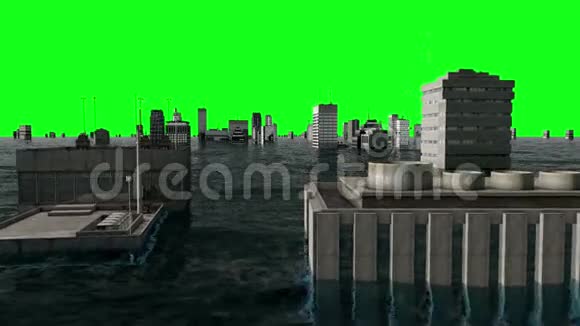 天启水景城市洪水绿色屏幕3D渲染视频的预览图