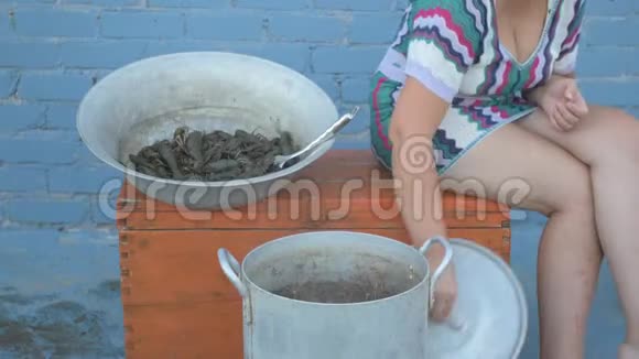 在河中捕获的活小龙虾是在露天的Arge铝锅里煮熟的女人把迪尔放进平底锅和盐水里视频的预览图