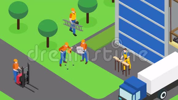 建筑工人在建筑工地工作的视频动画片段视频的预览图