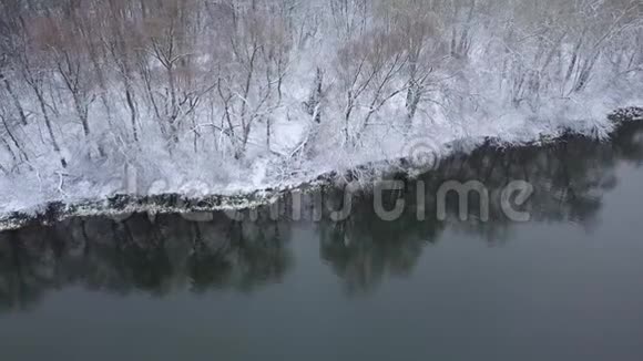 从高处到冬天森林覆盖着雪站在河岸上视频的预览图