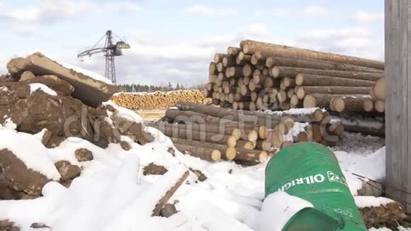 锯木厂堆场堆积如山的木料被雪覆盖视频的预览图